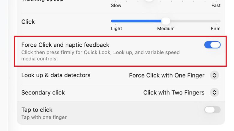 The macOS Trackpad settings menu with the Force Click and haptic feedback option highlighted.