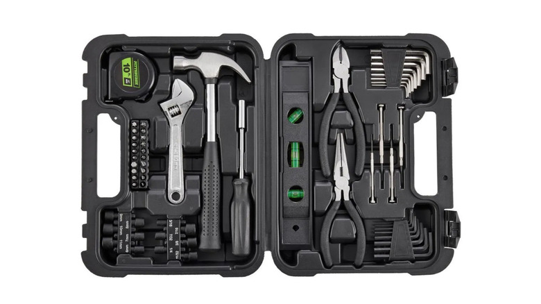 An organized Pittsburgh mechanics tool set in a gray carrying case with various sockets and hand tools.