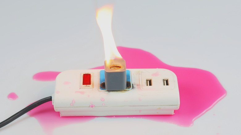 A white USB wall charger brick catching fire while plugged into an outlet.