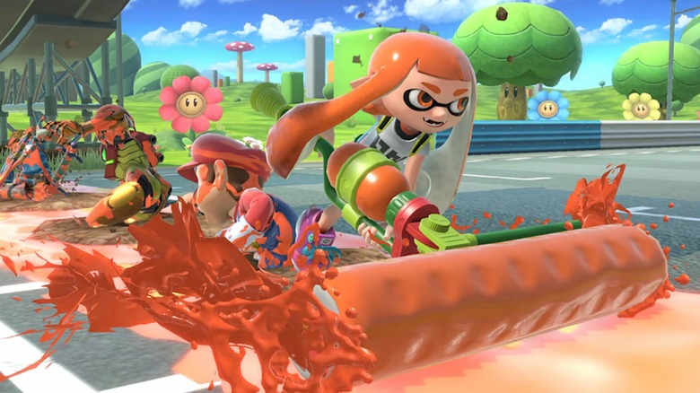 Super Smash Bros. Ultimate gameplay showing an Inkling character using a roller.