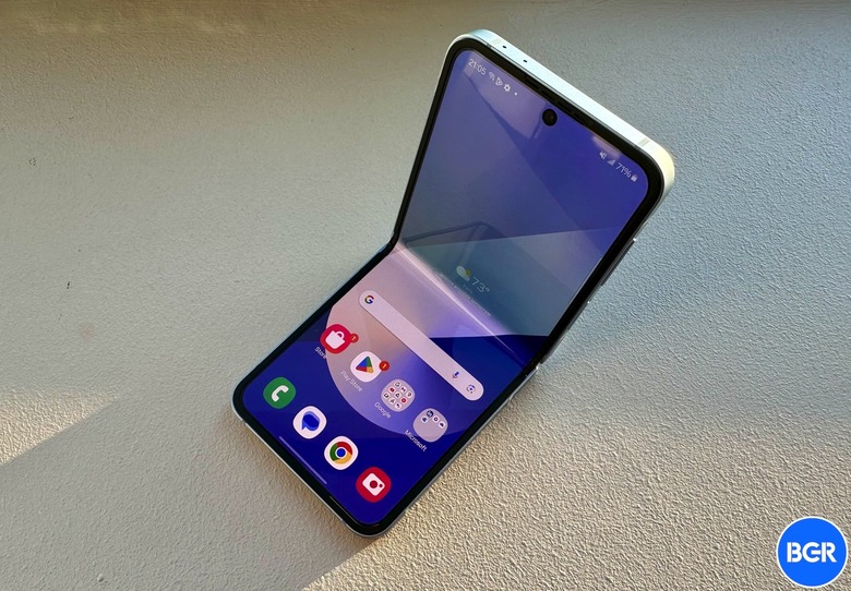 Side profile of the Galaxy Z Flip 6 in a partially folded Flex Mode position.
