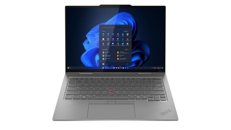 The iconic Lenovo ThinkPad X1 with its signature red TrackPoint and black keyboard.
