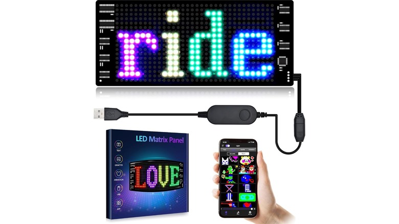 An LED light sign shown next to a smartphone displaying its companion app for wireless control.