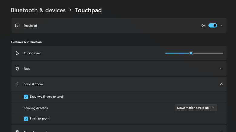 The Scroll and Zoom sub-menu in Windows 11 settings with checkboxes for two-finger scrolling and pinch-to-zoom.