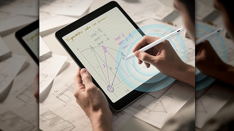 A close-up of a stylus pen performing mathematical calculations on a tablet.