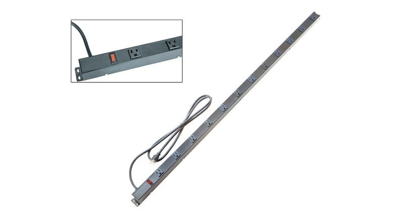 Gray 12-outlet metal power strip with surge protection features.