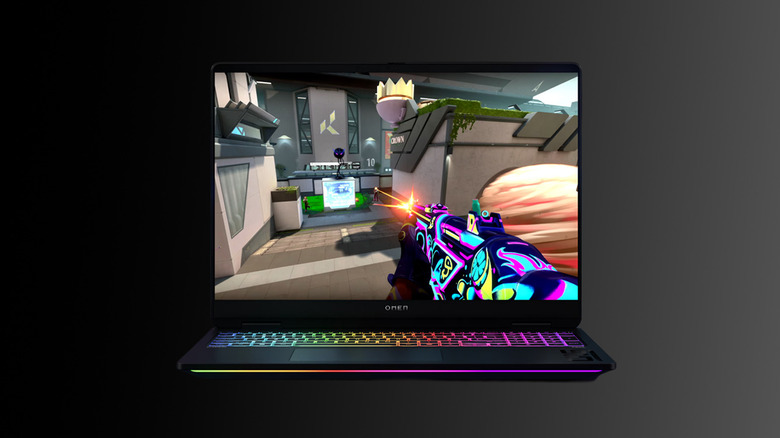 HP Omen Max 16 showing a first-person shooter game with vivid colors.