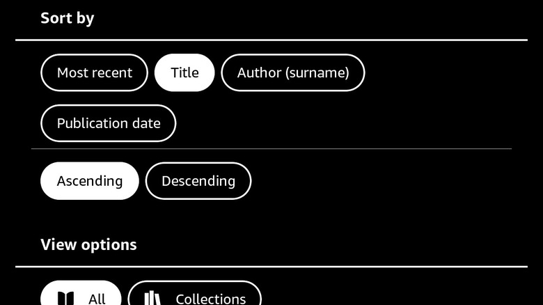 The Kindle library interface showing the Sort and Filter menu options.