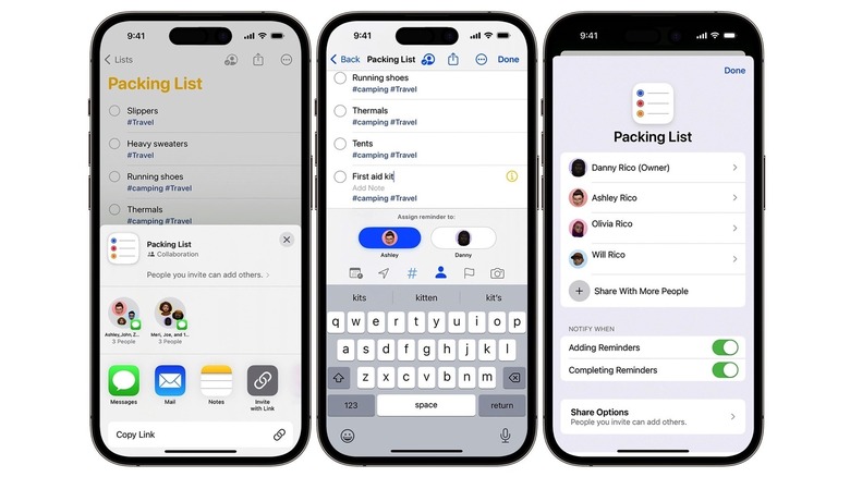 A screen capture of the Reminders app showing shared list settings and assigned contact names.