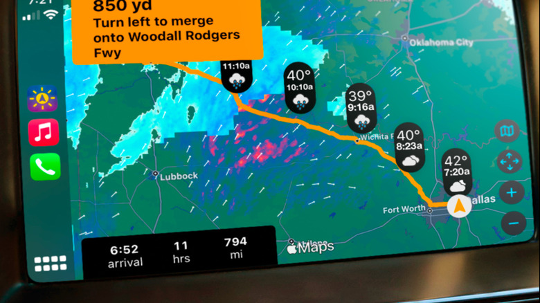 The Weather on the Way app displaying a real-time weather radar overlay on the CarPlay navigation screen.