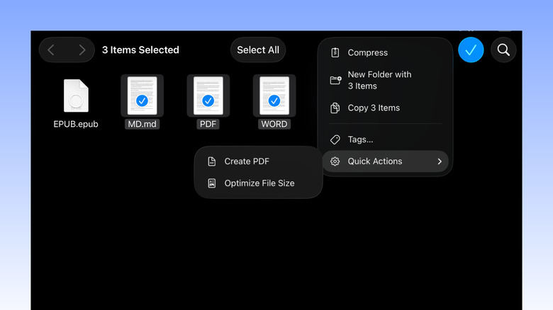 iPad Files app showing multiple files selected with the 'Create PDF' option visible in the menu.