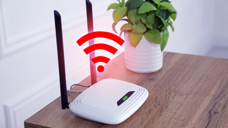 A wireless router with a red warning symbol indicating a poor Wi-Fi signal.
