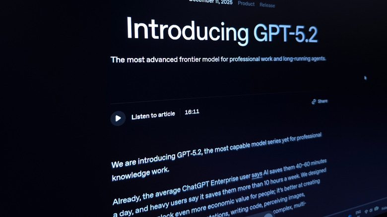 Official announcement text for OpenAI GPT-5.2 on a professional black background.