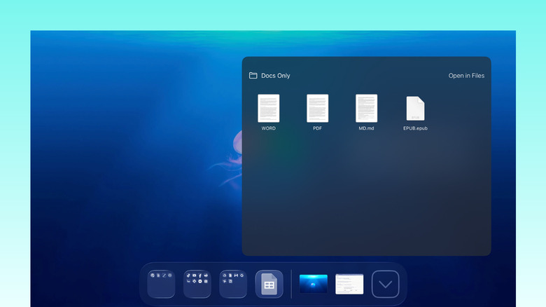 A close-up of the iPad Dock featuring several pinned folders for quick access.