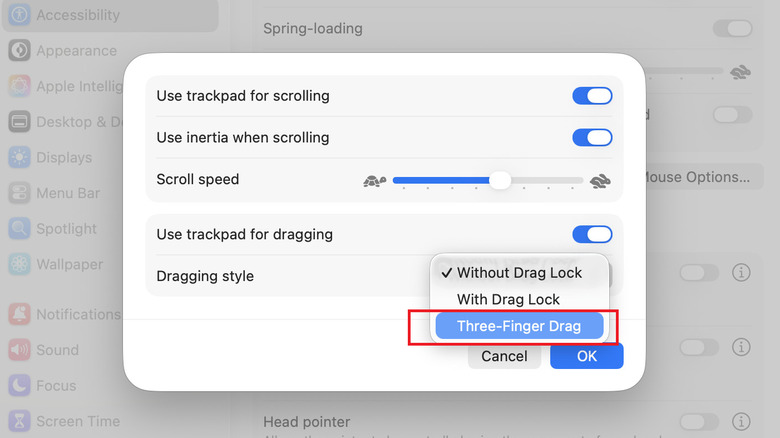 The macOS Accessibility settings showing the three-finger drag option selected in the Pointer Control menu.