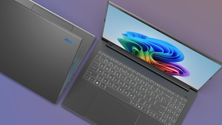 Acer Aspire 16 AI laptop on a purple background showing its slim profile and modern hinge design.