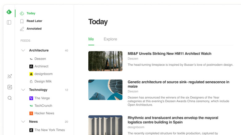 Feedly Today RSS feed dashboard with the side navigation bar open.