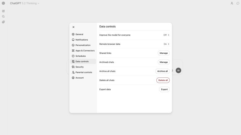 The Data Controls section in ChatGPT showing the model improvement toggle disabled.