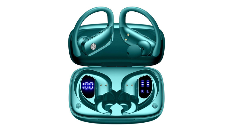 The green version of Bmani wireless earbuds showing the textured earhook material.