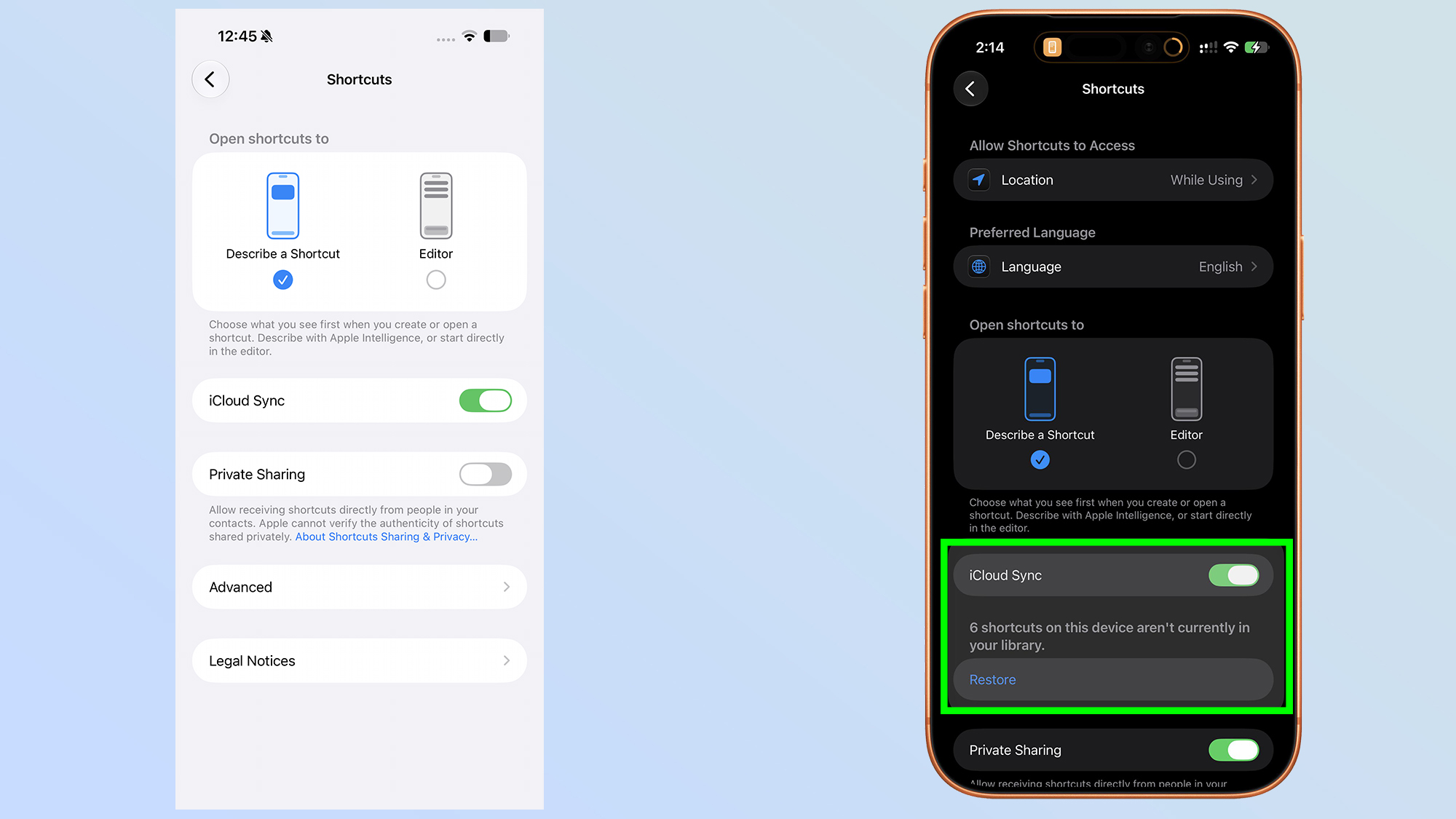 iCloud account settings showing the Shortcuts toggle and data sync status.