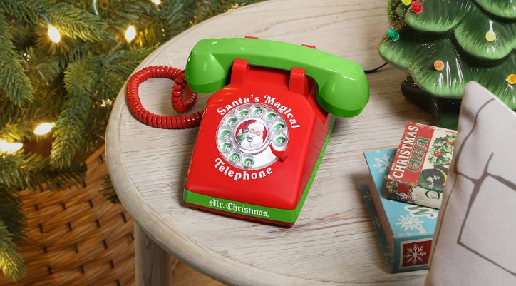 Close-up of the vintage-style handset and rotary dial of the AI Santa phone.