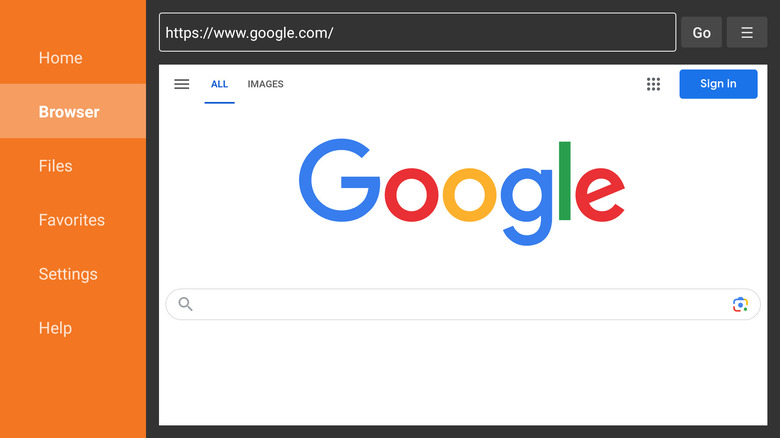 The home screen of the Downloader app on Fire TV showing the URL entry field.