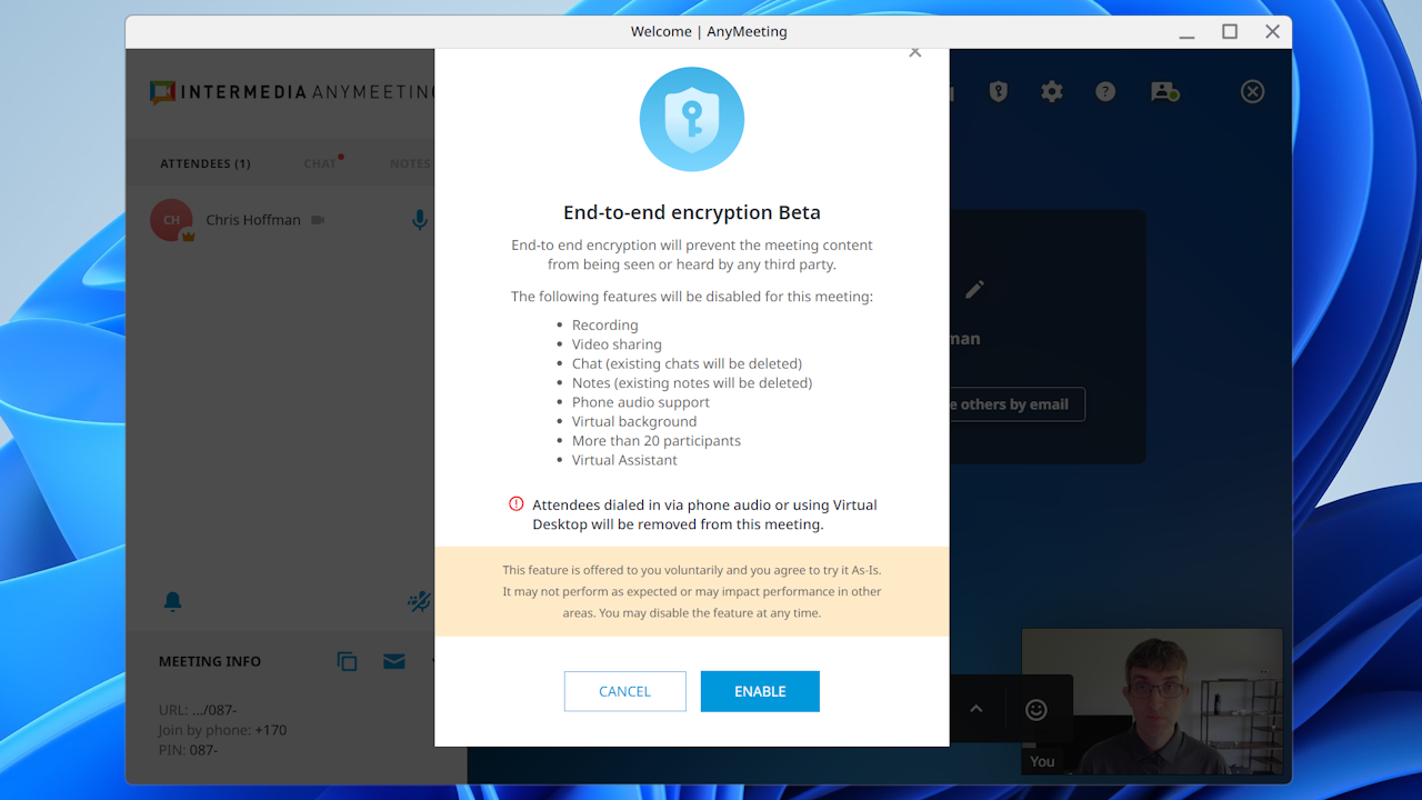 The End-to-end encryption toggle setting within the AnyMeeting security menu.