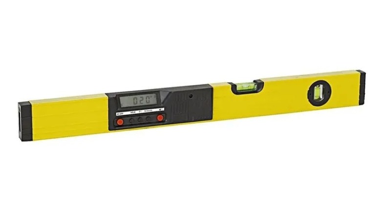 A 24-inch yellow level with an integrated digital LCD screen for angle measurements.