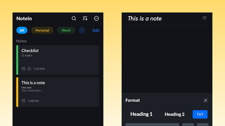 The Notein app interface on Android displaying a list of digital notebooks and an active note editor with handwriting tools.