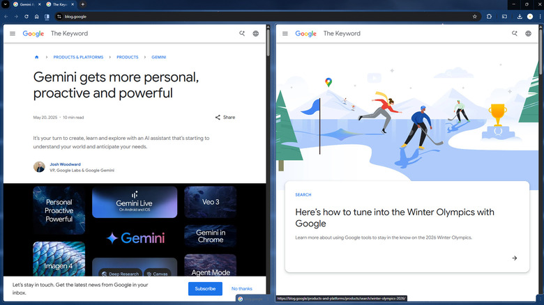 The Chrome browser displaying two different articles side-by-side within a single window.