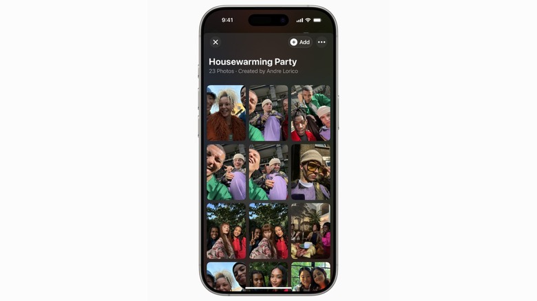 A shared media gallery within the Apple Invites app populated with holiday celebration photos.