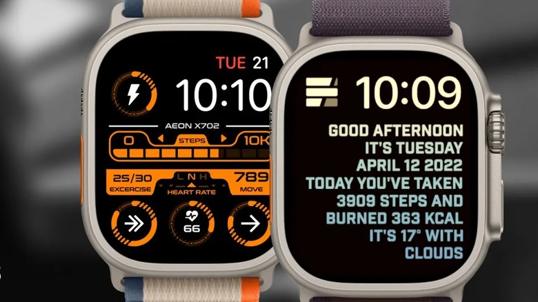 Two Apple Watch Ultra devices displaying distinct, high-contrast custom watch faces from the Facer app.