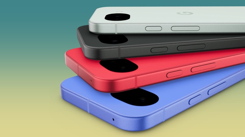 The Pixel 10a lineup in multiple colors including soft pink, blue, and black.