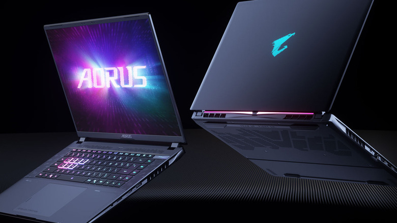 A composite view of the Gigabyte Aorus Master 16 showing both the front display and the rear thermal cooling vents.
