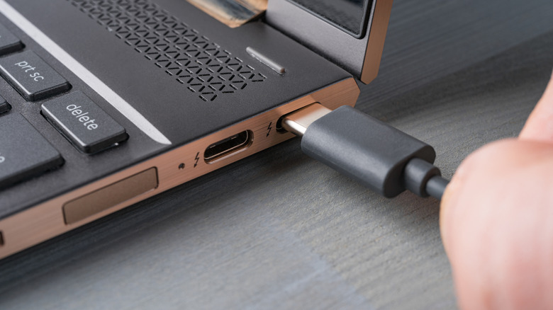 Detailed view of the internal pins and central plastic tab of a standard USB port.