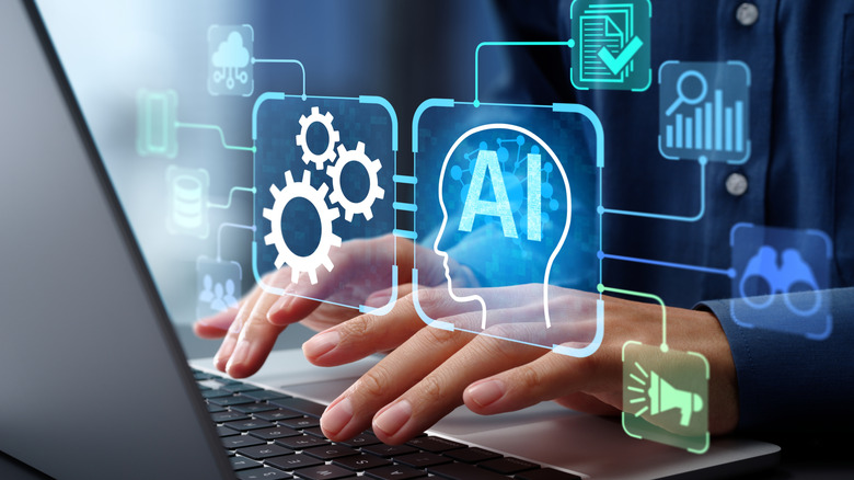 A conceptual digital illustration of AI software interfaces and data processing on a computer screen.