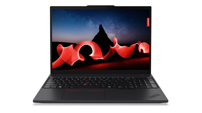 Front view of the Lenovo ThinkPad T16 Gen 3 business laptop with its screen open.